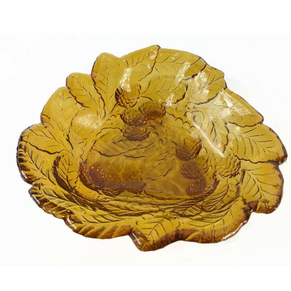 Indiana Glass Amber Raised Leaf Serving Dish 7.25"  x 7" Vintage